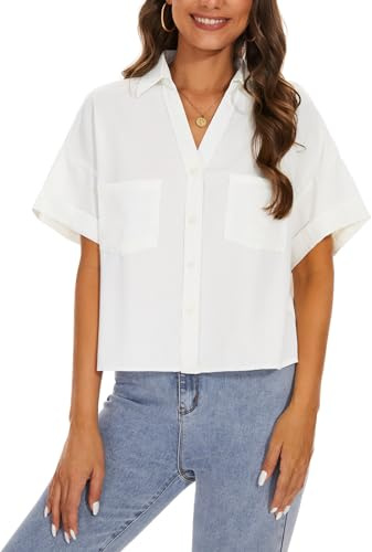 Women Short Sleeve Blouse Button Down Crop Notch Lapel Shirt Casual Top | Womens Short Sleeve Blouses Button Down Shirts Crop Length Solid Notch Lapel Shirt with Chest Pocket Casual Daily Tops