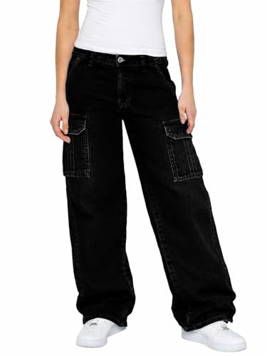 989Zé ENZO Womens Cargo Pants Wide Leg Jeans Casual Cotton Loose Fit Stretch Denim Baggy Trousers EL677_Jeans Black 16 R