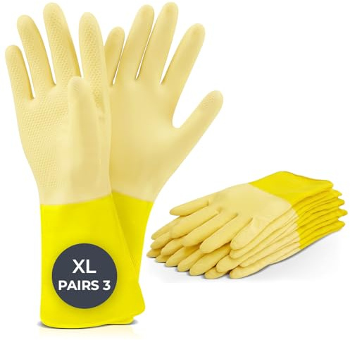 Rubber Gloves XL 3 Pairs Yellow Washing Up Gloves Extra Large Non Slip | Reusable latex household gloves for men, embossed grip palm, for dishwashing, cleaning and garden tasks