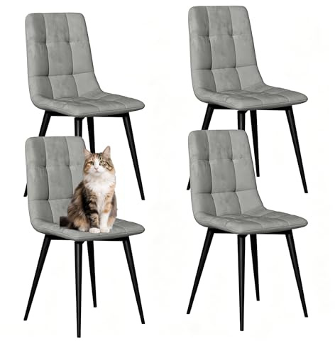 Dining Chairs Set of 4 Vintage Velvet Kitchen Chairs Dining Chairs, Grey | Comfortable Velvet Padded Seat & Metal Frame Chairs, Modern Retro Design Chairs for Dining Room, Kitchen, Restaurant