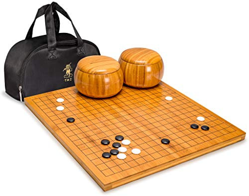 Yellow Mountain Imports Bambus 2 Zentimeter Wendbar 19 x 19/13 x 13 Go-Spielbrett-Set mit Doppelt Konvexen Melamin-Steinen und Bambus-Schalen-Set