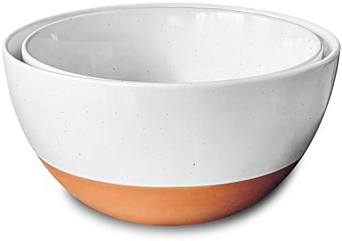 Mora Ceramic Large Mixing Bowls - Set of 2 Nesting Bowls for Cooking, Serving, Popcorn, Salad etc - Microwavable Kitchen Stoneware, Oven, Microwave and Dishwasher Safe - Extra Big 5.5 & 3.6 Qt - White