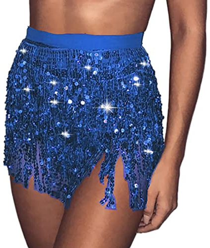Carufin Women's Belly Dance Skirt Hip Belt Sequin Tassel Skirt Hip Wrap Scarf Rave Music Festival Costume (Royal Blue)