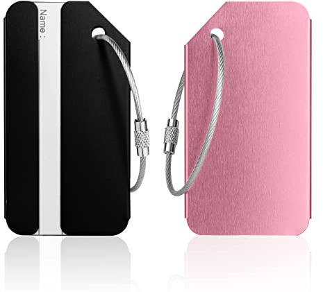 Flintronic 2 Piezas Etiquetas Maletas Viaje, Etiquetas de Equipaje de Aleación de Aluminio de Color Brillante con Cable de Acero y Tarjeta de Identificación,para Viaje,Equipaje Facturado-Negro+Rosa