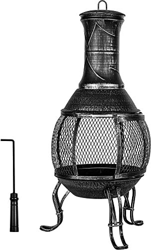 STILISTA Terrassenofen 89 cm aus Gusseisen mit Funkenschutz und Schürhaken, Silber Grau