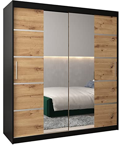 ABIKSMEBLE Verona 4 180 Armadio da Camera a Due Ante Scorrevoli - Armadio Moderno con Specchio, Barra e Ripiani - 180x200x62 cm (L x A x P) - Nero Opaco + Artisan