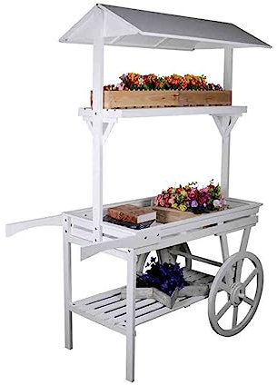 PRUJOY Ruedas de Carro de Madera Retro para Fiesta Carro Blanco Eventos Alquiler Cumpleaños Boda Dulce Flor Carro de Madera Tienda Decoraciones Soportes de Plantas (White)