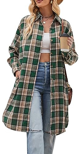 Bozanly Oversized Mid Long Plaid Flannel Shirts for Women Lapel Long Sleeve Check Blouse with Pockets(0781-01Green-XL)