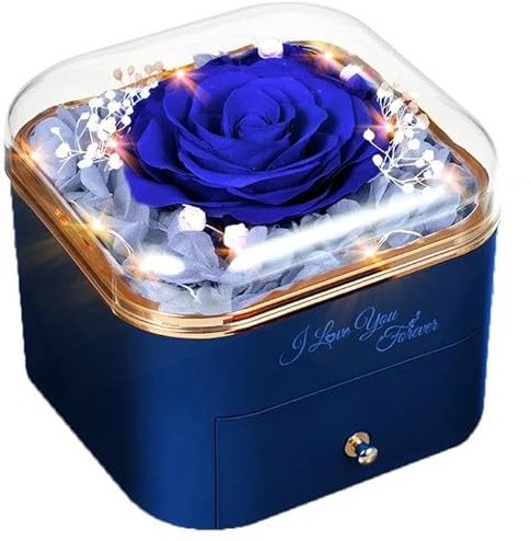 GOICC Rosa Eterna Natural con Collar Día de Madre Caja de Regalo Original para Mamá Abuela Mujer Real Rosa Preservada para Esposa Novia para San Valentín Aniversario Cumpleaños Navidad(Azul)