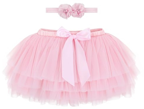 ANIMQUE Tutù Principessa per Bebè e Bambine - Gonna Mini Strati Super Morbida 6-12 Mesi, Tulle Elastico in Vita, Balletto Corta con Copri Pannolino + Fascia, Rosa Chiaro M