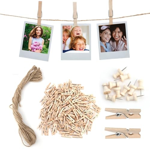 Mini Wooden Pegs, 150pcs Photo Clips for Card Hangers, Small Pegs and 10M Jute String for Picture Hanging, Wall Display, Craft, Weddings, Party