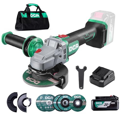 DCA Cordless Angle Grinder 4-1/2 inch, 20V Brushless Motor 8500RPM, Battery Grinder Tool-Free Guard, 4.0Ah Battery & Charger, Power Electric Cut Off Tool with 6 Discs for Cutting, Grinding, Polishing