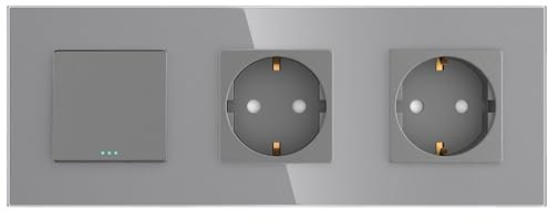 PULSAR Taster mit 2x Steckdose Unterputz 3 Fach Glas Grau, Lichtschalter Wipptaster 10A Lichttaster mit Wandsteckdose Kindersicherung Glasrahmen