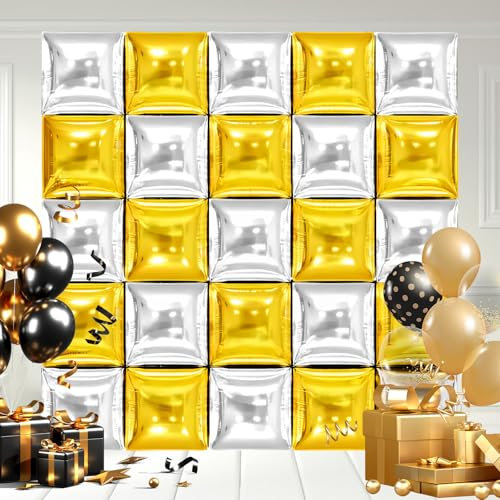 MEMOVAN Silver Square Foil Balloons Gold Balloon Wall Backdrop Double Sided Metallic Sliver Gold Balloons Tunnel Arch Garland for Christmas New Year Graduation Birthday Backdrop Decorations-25pcs