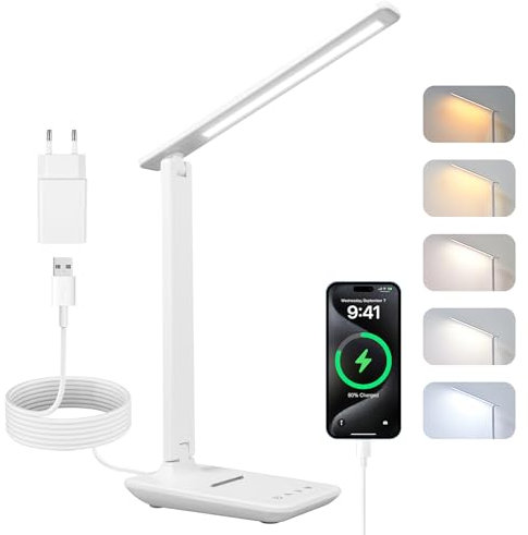Carehabi Schreibtischlampe LED, Dimmbare Tischleuchte, LED Tischlampe mit 5 Farben und 5 Helligkeitsstufen, Leselampemit USB Ladeanschluss Touch Steuerung für Kinder, Schlafzimmer, Lektüre, Büros