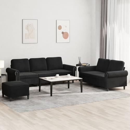 Gecheer 2-sits 3-sits soffa med fotstöd - svart sammet, modern stil, skumfyllning, lämplig för montering