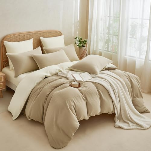 YASMENG Doppelte Muslin Bettwäsche 155x220 Khaki Hellbeige 100% Baumwolle Bettwäsche Muslin Weich Atmungsaktiv Kuschelige Bettbezug Set 3 Teilig mit Reißverschluss und 2 Kissenbezüge 80x80