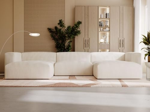 GRAINGOLD Landi Ecksofa 340x180 cm, U-Form Sofa, Ecksofa für Wohnzimmer, Cord Stoff, 5-Sitzer Wohnlandschaft, Modernes Design (Beige)