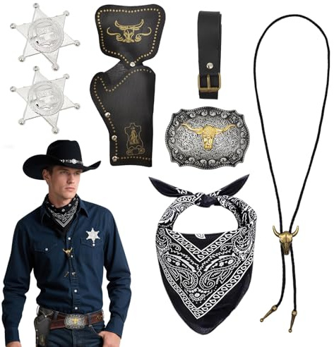 SAIIURV 7 Stück Cowboy Fancy Dress Zubehör Set für Herren, Cowboy Outfit Kit mit Paisley Bandana Holster Gürtel Boloschnalle Krawatte Halskette Sheriff Abzeichen für Karneval Fancing Cosplay (Schwarz)