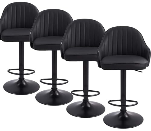 Warmiehomy Black Bar Stools Set of 4, Swivel Height Adjustable High Stools | Modern PU Leather Breakfast Bar Stools with Backs for Kitchen Counter, Dining Room, Pub, Bistro, Cafe