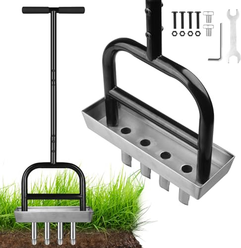 Qdreclod Aireador de Césped Manual de 4 Núcleos con Bandeja de Almacenamiento – Aireador de Césped con Mango en T de 94 cm, Herramienta de Aireación para Jardín, Césped Pequeño y Patio