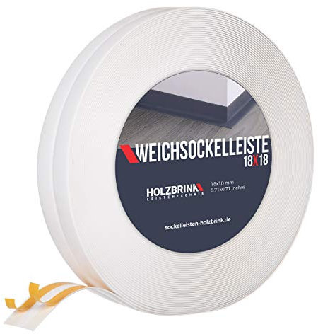 HOLZBRINK Plinthe souple autoadhésive blanche 18x18mm, 10 m | Plinthe PVC pour jonction plan de travail, bande joint salle de bain | Lame PVC adhesive