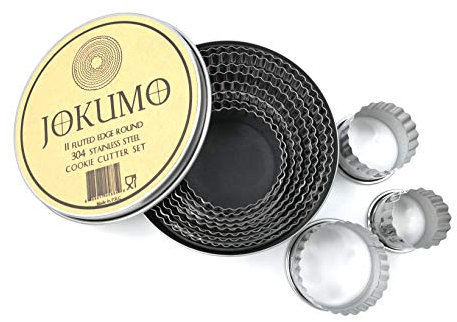 JOKUMO 11 Piece Graduated Sizes Fluted Edge Round Pastry/Cookie Cutter Set Heavy Duty 18/8 304 Stainless Steel – Metal Engrave Size –Tin Storage Box for Scones, Pastries, Baking