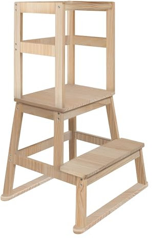 BOMI® Swubi Montessori Lernturm ab 1 Jahr | Sicherer Tritthocker Kinder 2 Stufen | Learning Tower für Kind & Baby aus Holz | Schemel, Lernstuhl als Stehhilfe, Kinderhocker Holz Natur