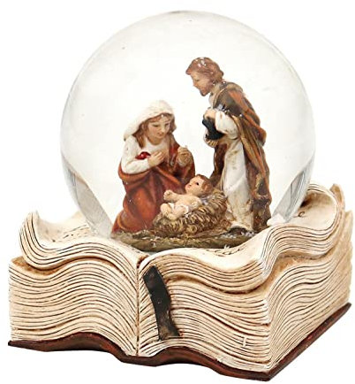 Dekohelden24 Schneekugel mit Heilige Familie auf Buch, Maße H/B/Ø Kugel: ca. 9 x 7,5 cm/Ø 6,5 cm.