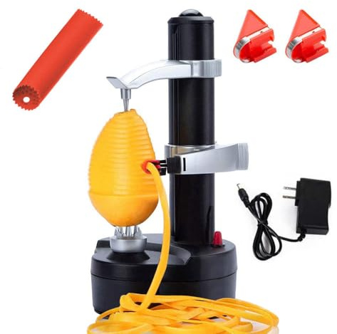 Electric Potato Peeler Automatic Apple Peeler, Smart Vegetable Fruit Peeler Machine, Stainless Steel Kitchen Peeling Tool [1 Adapter 2 Extra Blades] with Garlic Peeler