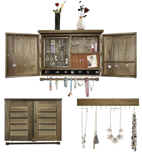 MULIFEE Rustic Wall Mounted Jewelry Organizer,Vintage Wooden Hanging Jewelry Holder Box with Barndoor Decor for Necklaces, Earings, Bracelets, Rings, Accessories. Includes Hook Organizer