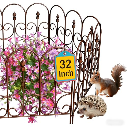 AMAGABELI 5 Panels 32in(H)×10ft(L) Decorative Garden Fences and Borders for Dogs No Dig Rustproof Metal Fence Panels Garden Edging Border Animal Barrier Fencing for Flower Beds Yard Patio Decor Brown