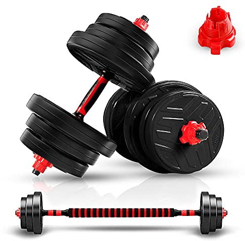 JIM Fitness set 2 in 1 manubrio e bilanciere regolabili fino a 30 kg con copertura in gomma, nero e rosso