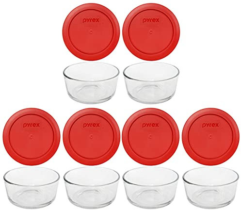 Pyrex (6 7200 2 Cup Glass Bowls & (6) 7200-PC Poppy Red Food Storage Replacement Lids - Made in USA