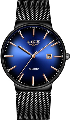 LIGE Montre pour Homme - Fine - Étanche - en Acier Inoxydable - Maille - Tendance - Minimaliste - Analogique - Quartz - Noir/Bleu - 8.07