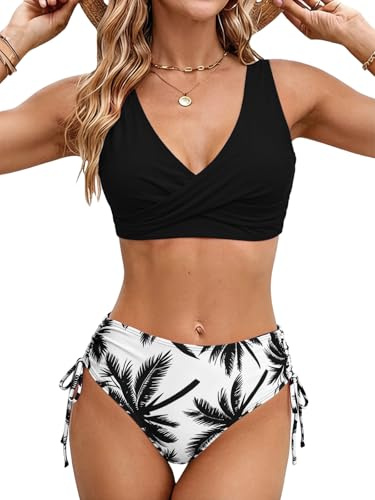 Dambikini 2 stycken dambaddräkt tvådelad Tether halterneck bikini smal passform baddräkt med remmar, Svarta blommor, M