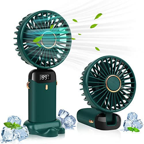 LYMYBETY Portable Handheld Fan, 4000mAh Mini USB Rechargeable Fans with Digital Display, Small Personal Pocket Fan with 5 Speeds, Foldable Desk Fan with Lanyard and Base for Home Travel (Green)