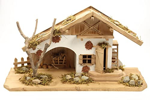 ELLUG Holz Krippenstall, Holzkrippe, Weihnachtskrippe 55 * 19 * 28cm (OHNE Krippenfiguren) Krippenstall aus Holz für Figuren bis 15cm Höhe
