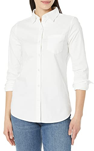 Amazon Essentials Camicia Oxford Elasticizzata a Maniche Lunghe con Bottoni (Disponibile in Taglie Forti) Donna, Bianco, L