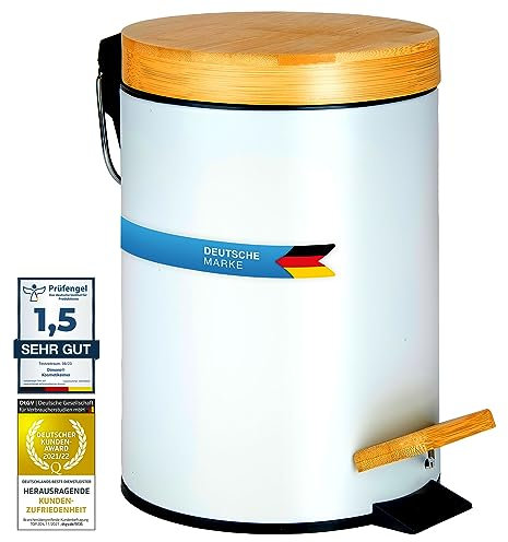 Dimono® Kosmetikeimer Bad-Mülleimer Abfalleimer 3 und 5 Liter Tret-Eimer mit Bambus-Deckel und Anti-Rutsch-Tritt für Badezimmer & Küche (3 Liter, Hoch)