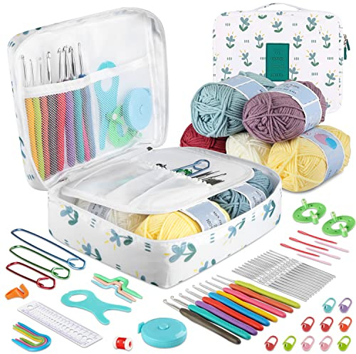 OWill Set di 61 Uncinetto Set,Crochet Kit Uncinetto Principianti,Kit Uncinetto Uncinetti Ergonomici,Set Uncinetto per pizzo a maglia accessori con custodia