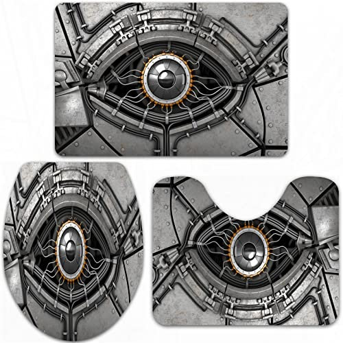 URSOPET Badteppich-Set 3-teilige, rutschfeste,Futuristische Technologie Cyborg Mechanical Industrial,rutschfeste Badematte, U-förmiger Konturteppich und Toilettendeckel