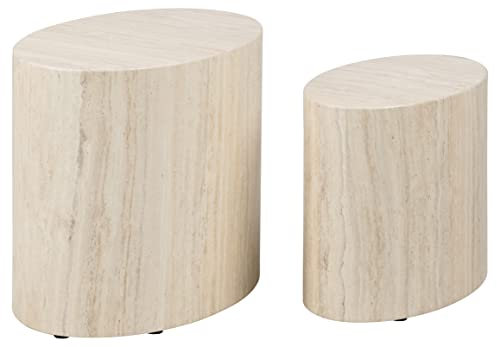 AC Design Furniture Rico Couchtisch in Beige Travertine Optik 2er Set, Platzsparende Ovale Beistelltische fürs Wohnzimmer, Moderne Satztische, B: 48 x H: 40 x T: 33 cm und B: 40 x H: 33x T: 24,5 cm