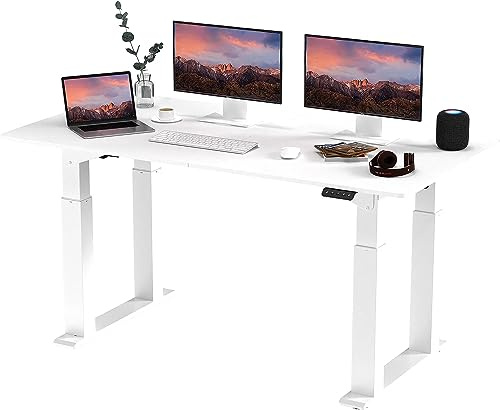 SANODESK QS2+140 * 70cm Dual Motors Standing Desk Height Adjustable Desk with Splice Board Home Office Computer Workstation Electric Sit Stand up Desk, White Frame+ White Desktop