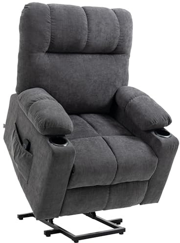 HOMCOM Fernsehsessel mit Aufstehhilfe Elektrisch Relaxsessel mit Liegefunktion, Wärmefunktion, Massagesessel mit Fernbedienung Becherhalter Seitentasche Fußteil Taschenfederkern Samtoptik Dunkelgrau