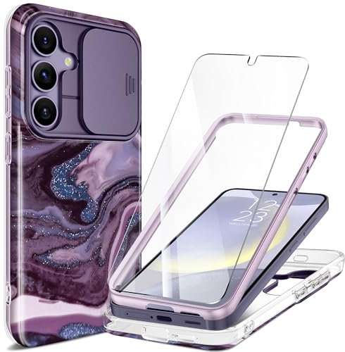 GVIEWIN Compatible with Samsung S24 Case Galaxy with Slide Camera Cover+Screen Protector, 360° Armor Shockproof Marble Fullbody Bumper Protective Anti-Scratch Case 6.2 2024,Quicksand/Purple
