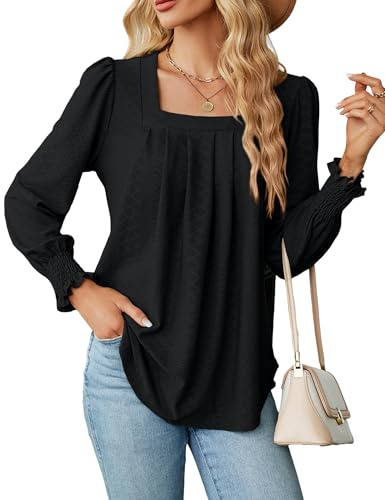 Chemisier Chic Femme Tee Shirt Col en U Haut Femme Tunique à Manches Longues Volants Blouses Décontracté Blouse Élégant Top Femme Couleur Unie
