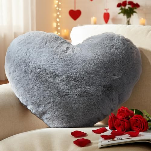 Yhoelata Cojín con forma de corazón, gris, cojín abrazable con forma de corazón, cojín decorativo Love Aesthetic, cojín de felpa para salón, sofá, dormitorio, cama, regalo 26 x 36 cm