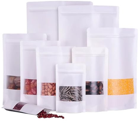 Bolsa Kraft con Ventana, Bolsas Kraft, Bolsas Papel con Ventana, Bolsas Hermeticas, Aplicables para Nueces, Granos de Café, Hojas de Té, Especias, etc. Blanco 15x24cm 50Piezas