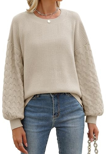 Lonya Pull Femme Chic Elegant - Tricot Col Rond Sweat Hiver Chaud Pullover Manche Longue Pulls Femme Cable Knit Grande Taille Tricoté Pull Long Oversize, Amande, S